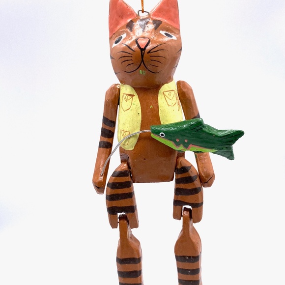 Monkey Business Hand Carved Cat Fishing Christmas Ornament - Picture 1 of 1